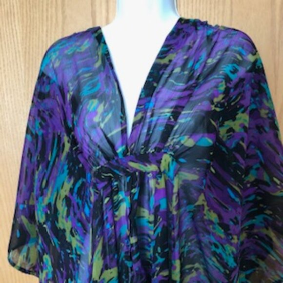 Elena Solano Plus Sheer Blouse Tunic Coverup 3X XXXL Batwing Sleeves Deep V Neck - Picture 10 of 10
